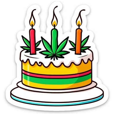 Festive birthday cake with cannabis leaf decorations and birthday candles sticker