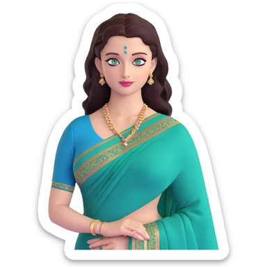 Aishwarya Rai in an elegant saree, traditional Indian look, blue-green eyes sticker