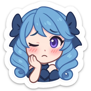 Gwen from League of Legends, chibi emote style, only head visible, right eye purple, shy expression, blushing cheeks, cute and expressive sticker