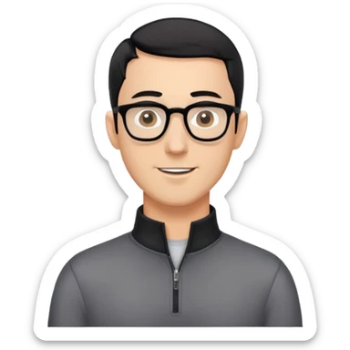 Caucasian man with black hair cut extremely short (almost buzz cut), short beard with gray streaks, large black eyeglasses, cheerful expression, black long sleeve shirt with quarter zip collar sticker