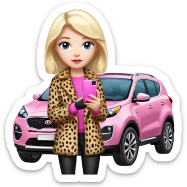 a blondie queen Arina in a leopard fur and pink iPhone 16 on her kia Sportage white car. blue eyes sticker