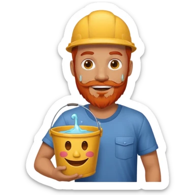 Man with red beard carrying bucket of melting smiley face sticker