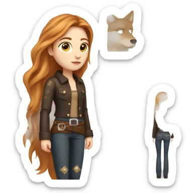 White fair skin, long hair, woman, feminine, straight hair in a wolf haircut, ginger coloured hair, beautiful, British, stylist, aesthetic, side and bangs, sensual looking, full body, complete body figure,slim, she’s wearing a cowboy outfit sticker