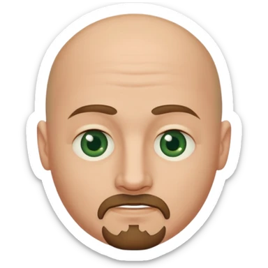 white caucasian bald man's face, with brown  round goatee and dark green eyes, oval face, rounded, big, little eyes a small smile,  sticker