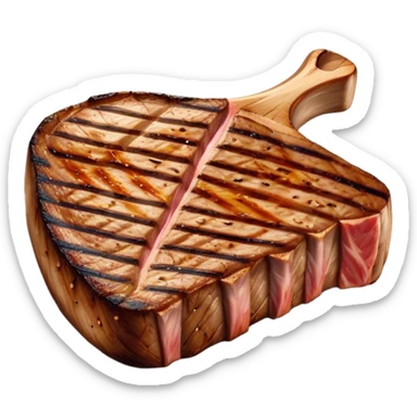 Cinematic thick-cut t-bone steak, perfectly seared with grill marks, a grilled center, rich and savory, warm glow, sizzling and mouthwatering, highly detailed and appetizing. sticker