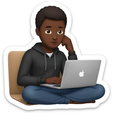 its a black colored man sitting working on a laptop with no face  sticker