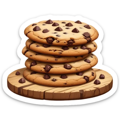 Cinematic crunchy chocolate chip cookies, freshly baked, golden-brown with gooey melted chocolate chunks, stacked on a rustic wooden plate, soft warm lighting, cozy and delicious. sticker