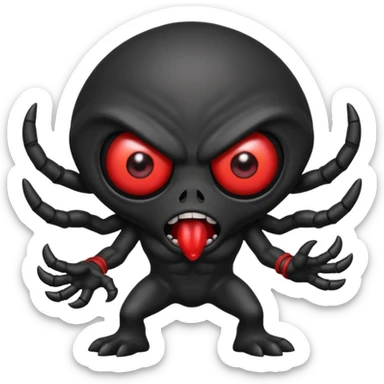 aggressive 8-armed black cyclops alien, black body, one big evil red eye in the middle, attacking from a side angle, emoji style sticker