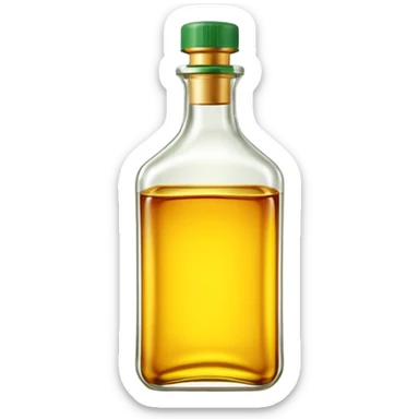 realistic frying oil bottle, transparent, golden yellow oil, simple clean design, curved or rectangular, green or yellow cap, no branding, no label, fluid glossy, warm amber, no pan food or faces, clean 3D, soft lighting, transparent background, emoji scale sticker