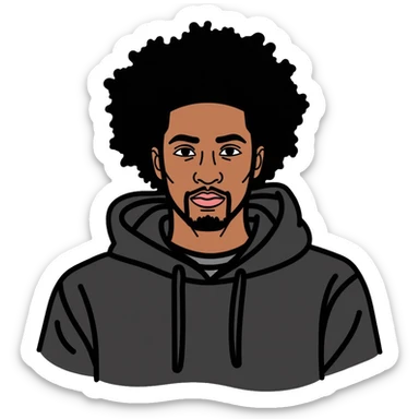 Black man with mid afro hairstyle wearing a black shirt and hoodie sticker
