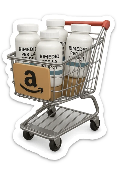 emoji stile iphone di un carrello per la spesa con l'icona di amazon stampata sopra, dentro al carretto ci sono varie boccette di integratori con la scritta "RIMEDIO PER LA STIPSI", iperrealistico 4k sticker