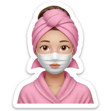 Clean girl influencer character, chest-up portrait, wearing a pink towel wrapped around the head,  skincare mask on her full face, relaxed confident expression, soft glow skin, minimal chic aesthetic, subtle beauty accessories, calm self-care vibe sticker