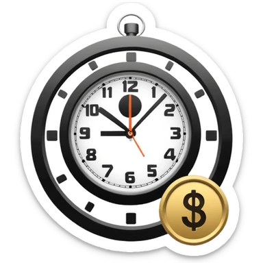 Minimal flat icon, tax money symbol with ruble sign, combined with a clock showing delayed payment, clean vector style, simple geometric shapes, monochrome, no text, no gradients, white background, clear outline, infographic icon sticker