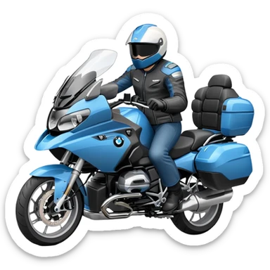blue BMW R 1200 RT touring motorcycle with rider on road sticker