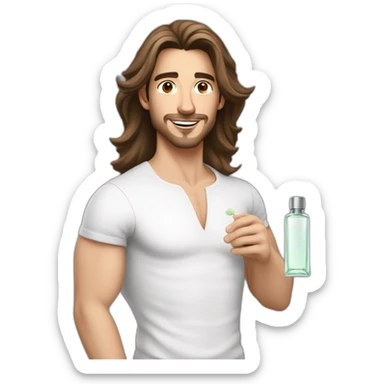 white skin men with long brunette hair with a perfum bottle sticker