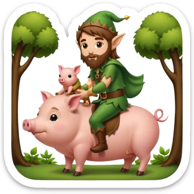tiny forest elf man long brown hair beard riding baby pig sticker