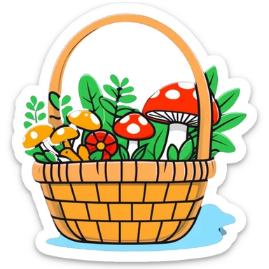 basket full of forest goodies including mushrooms, herbs, flowers in soft pastel colors sticker