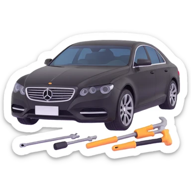 black luxury car with a clearly visible dent on the bodywork, specific PDR tools such as rods, levers, and small hammers positioned to show active repair, elegant and modern sticker
