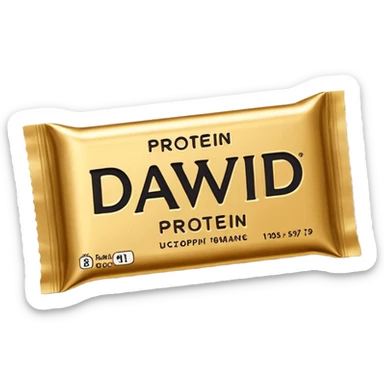 protein bar gold wrapper that says David on it in black font with a small brown box on it  sticker