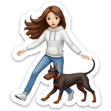 A beautiful girl with long hair wearing a white sweatshirt and jeans is chasing Doberman sticker
