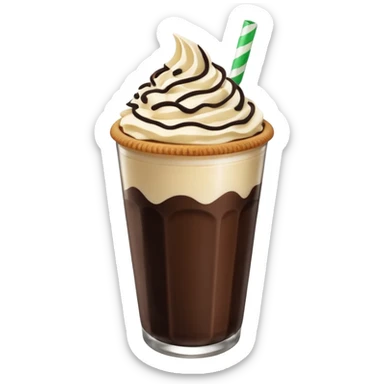 Vaso de vidrio con Frappé color café, crema en la parte superior con popote verde insertado en la crema, agregar encima de la crema chispas de chocolate y una galleta redonda color café oscuro tipo Oreo. sticker