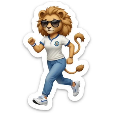 confident anthropomorphised female lion wearing a baseball shirt, jeans, trainers, dark sunglasses, jogging upright, looking self-assured sticker