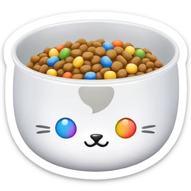 Create a 2D picture of a cat food bowl with rainbow kibble  sticker