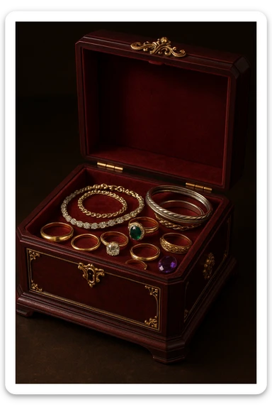 a dark red jewelry box filled with assorted jewelry, elegant and detailed sticker