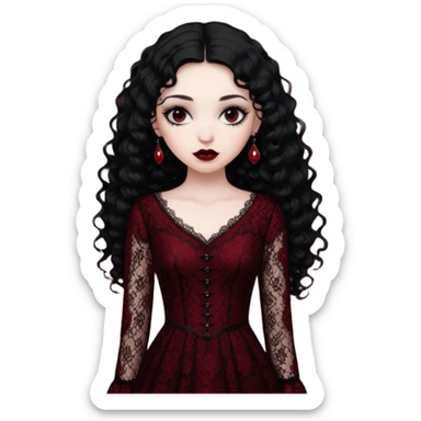 A girl with a dark red goth vampire look in a goth lace dress with long sleeves longer black curly hair sticker