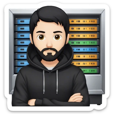 hackeur blanc cheveux noir barbe et capuche noir à côté d'un server sticker