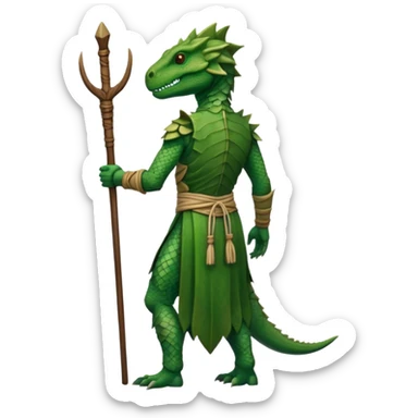 full body reptilian humanoid in ancient outfit, back view, with a staff sticker