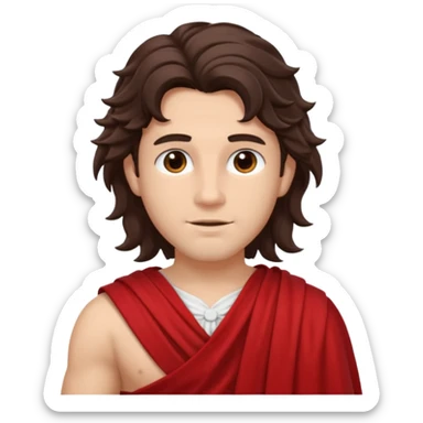 Adonis from The Olympians with long dark brown wavy hair, red toga sticker