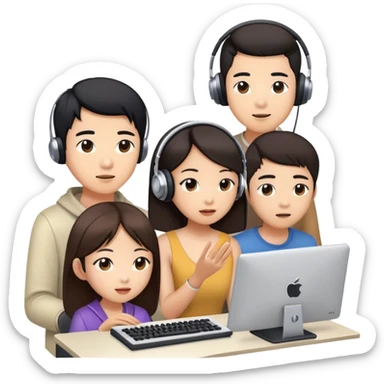 asian people in a music studio. one is looking at the computer and two more watching sticker