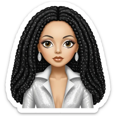 Diana Ross with long jet black hair, white sequin outfit sticker