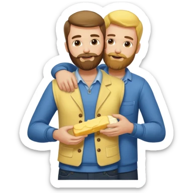 I man with beard puts butter on another man‘S back They are wearing clothes sticker