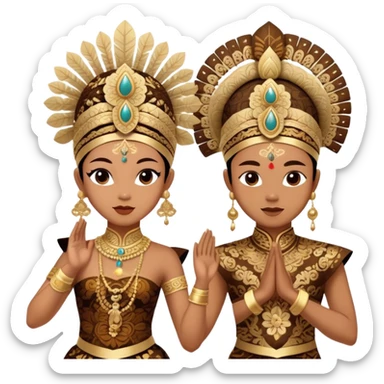 ​Cinematic Realistic Traditional Javanese Dancers, depicted as two graceful dancers in ornate traditional costumes with intricate batik patterns and elaborate headpieces, captured in dynamic poses during a ritual dance in an ancient temple courtyard, rendered with soft golden lighting and rich cultural textures, sticker