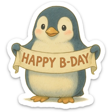 penguin holding a "Happy B-Day" banner, soft Ghibli style sticker