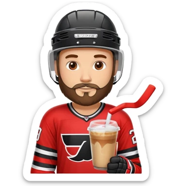 hockey player with a beard with iced coffee in red and black jersey wearing a hockey helmet  sticker