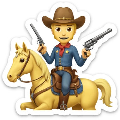 Cowboy riding a horse with revolver. Cowboy With yellow skin and smilling. I mean the face should yellow like mustard color. Simplize it and I need a full pic with horse. Like I need the leg part too sticker