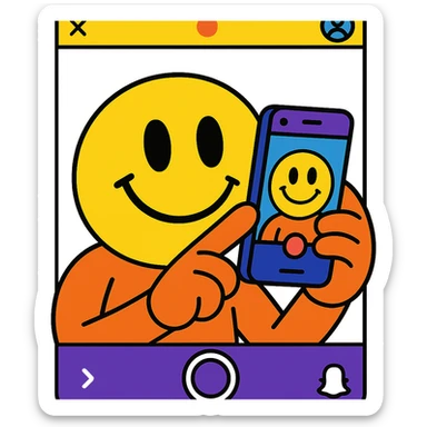 smiley face snapping a photo with phone, Snapchat UI visible sticker
