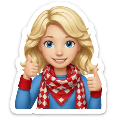 Blonde Girl, Blue Eyes, wavy hair, smiling, thumbs up, wearing red Checkered Triangle scarf sticker