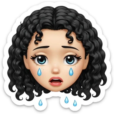 a pretty fair bratz girl with black curly hair, crying sticker