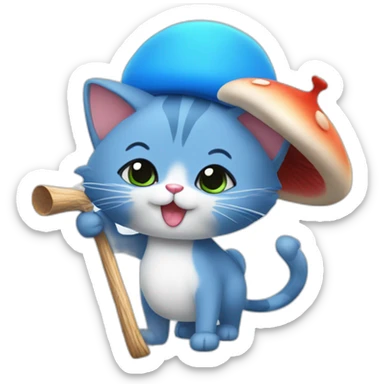  Cute Blue Cat NO ears wearing a mushroom cap carrying a stick in one arm sticker