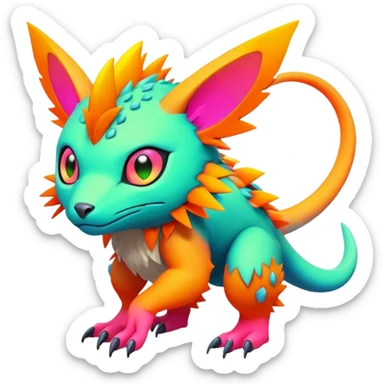 Tropical lush warm-colored modern colorful neon-colored cyber-Fakémon-Digimon-Trico-creature sticker
