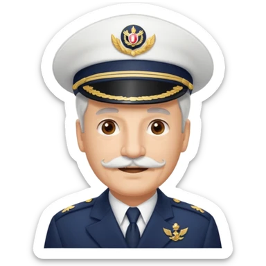 A light-skinned mid-aged man with brown eyes and white mustache, smiling while wearing a white captain’s hat with a navy emblem. sticker
