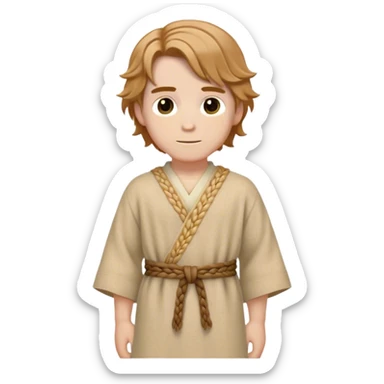 Medieval spring outfit worn by a DnD themed fantasy male character. Wheat-colored wool tunic with subtle herringbone weave pattern, cinched with a braided fabric sash. Clothes only above the waist, full waist coverage. The character has no arms. Character is white-skinned with light chestnut hair, golden brown eyes, and medium-length wavy hair. sticker
