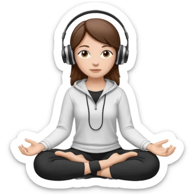 White girl, brown hair meditating with headphones on and black and white clothes sticker