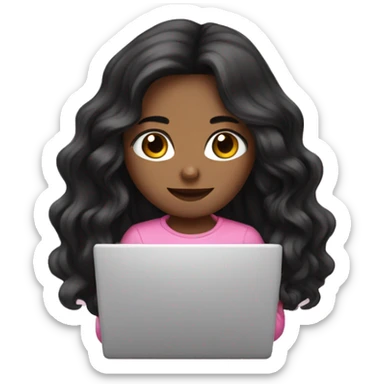 Beautiful girl,Black wavy long hair, Black eyes,Chinese, wearing pink typing on laptop,  sticker
