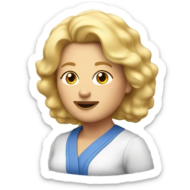headshot of middle aged blonde chubby woman with kind facee sticker