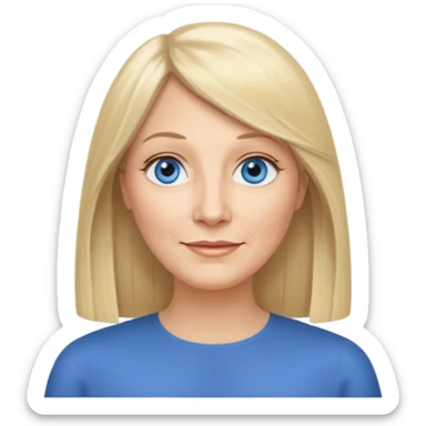 50 yr old white woman, curtain bangs, very long straight blond hair, oval face, small smile, blue eyes, thin face, hair downback, hair parted at center of head, round cheeks, pale, longer hair sticker